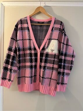 Forever 21 Pink and Black Plaid V-Neck Cardigan with Letter Patch